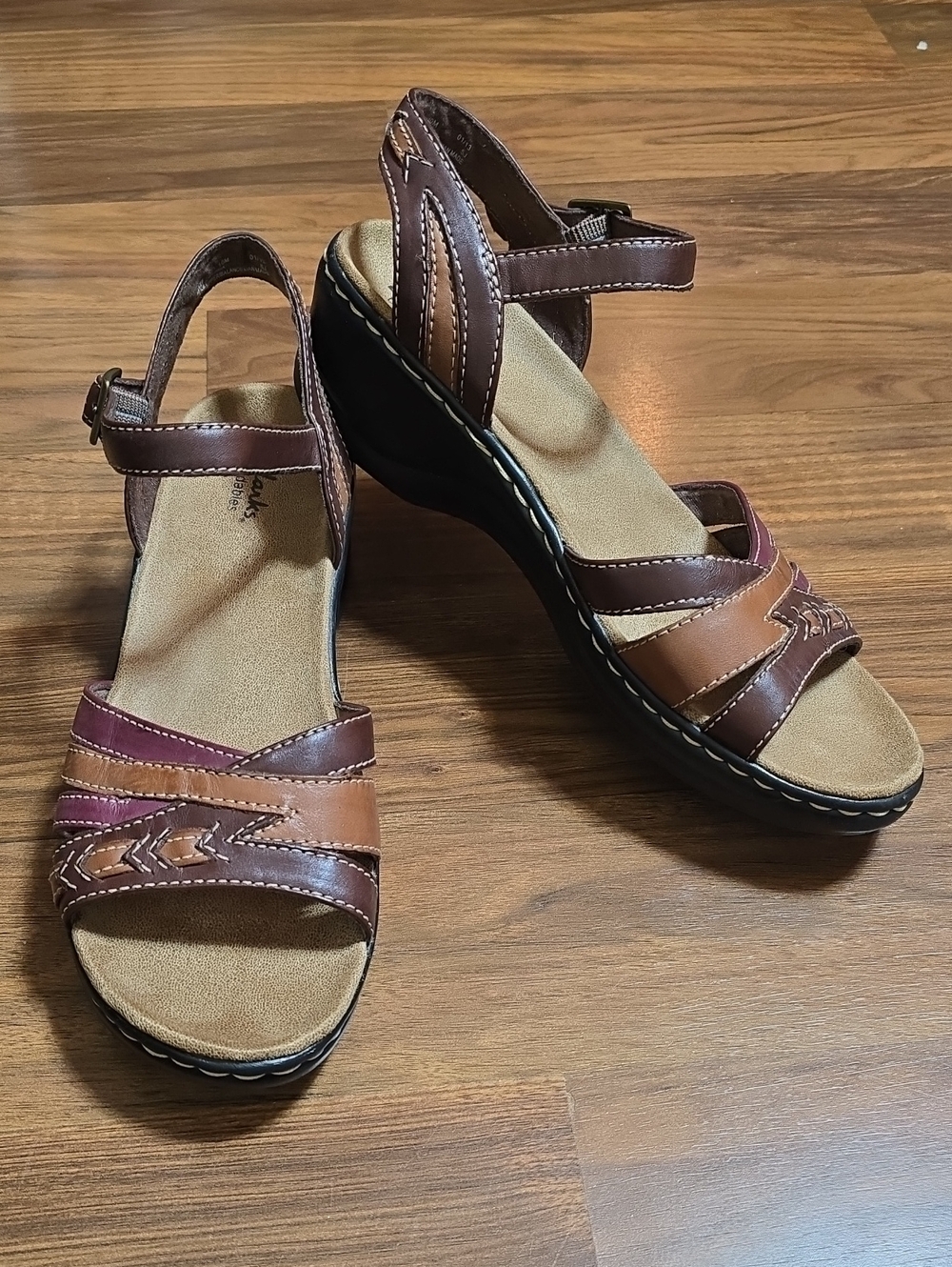 Clarks Bendables Multi-Tone Brown Leather Strappy Comfort Wedge Sandals